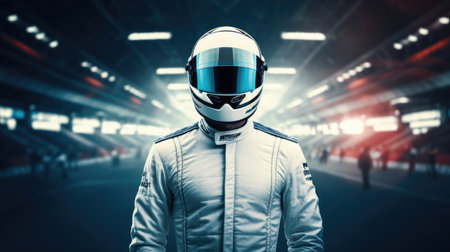 Astronaut with futuristic helmet against night illuminated stadium 3D renderingの素材