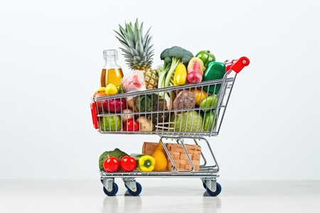 Shopping cart full of fruits and vegetables isolated on white background.の素材