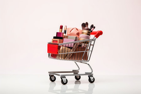 Shopping cart full of cosmetics, makeup products and accessories on white backgroundの素材