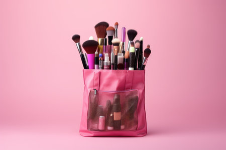 Makeup brushes in a pink bag on a pink background with copy spaceの素材