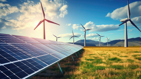 Solar panels and wind turbines in a meadow. 3d renderingの素材