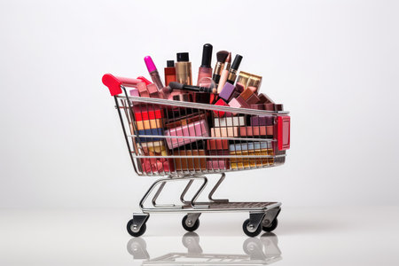 Shopping cart full of cosmetics and makeup products on a white backgroundの素材