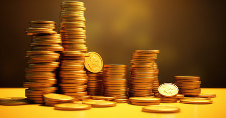 golden coins on yellow table, business and finance concept idea.の素材