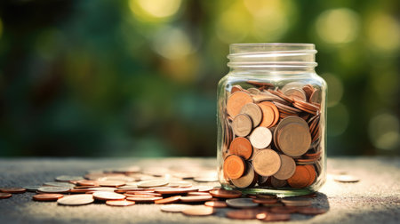 Coins in a glass jar on blurred background. Saving money concept.の素材