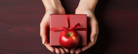 Female hands holding red gift box and red apple on dark wooden background.の素材