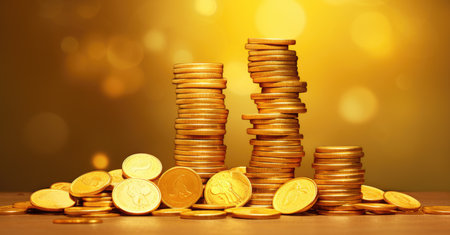 Stacks of gold coins on wooden table and bokeh backgroundの素材