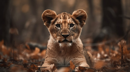 Lion cub lies in the autumn forest and looks at the cameraの素材