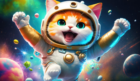 Cute cat astronaut wearing space suit. 3D Rendering.の素材