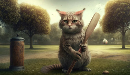 Cute cat with baseball bat and ball in the park. 3d renderingの素材