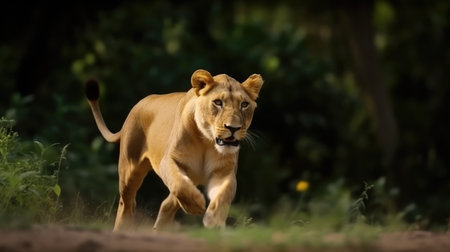 Lioness running in the forest. Wildlife scene from nature.の素材