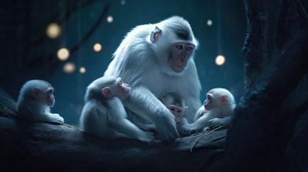 Monkey family in the dark, 3D rendering. Computer digital drawing.の素材