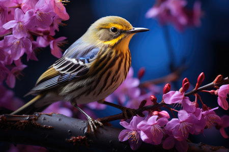 Beautiful bird on a branch of sakura in the spring.の素材