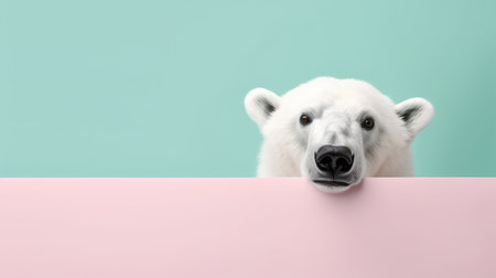 White polar bear peeking from behind a pink wall. Copy space.の素材