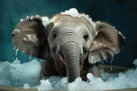 Elephant bathing in a bathtub with foam and water drops.の素材