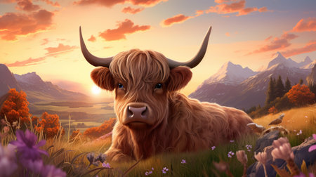 Highland cow in the meadow at sunset. 3D renderingの素材