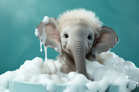 Cute baby elephant taking a bath in a bathtub with foamの素材