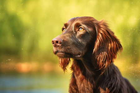 Portrait of a dog breed Irish Setter on a green backgroundの素材