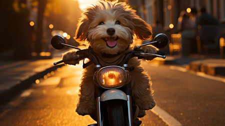 Cute dog sitting on a motorcycle in the city at sunset.の素材