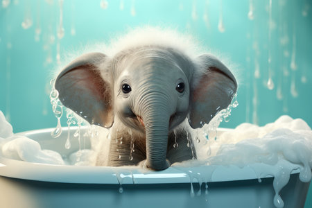 Cute little elephant taking a bath in a bathtub full of waterの素材