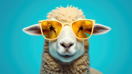 Portrait of funny sheep with sunglasses on blue background. Funny animal conceptの素材