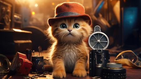 Cute kitten in a hat with a camera and a compass.の素材