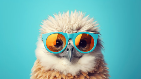 Portrait of a beautiful owl with sunglasses on a blue background.の素材
