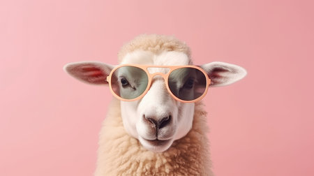 Portrait of funny white alpaca wearing sunglasses on pink backgroundの素材