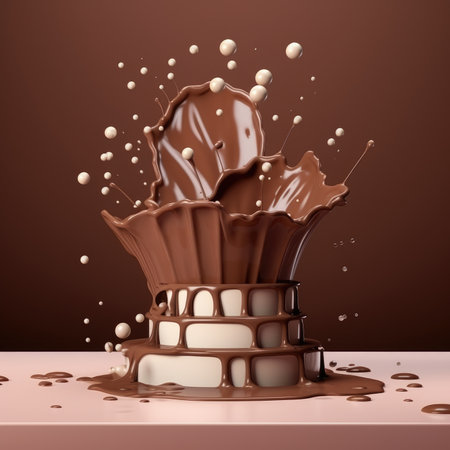 Chocolate splash with chocolate bars. 3d rendering. Chocolate background.の素材