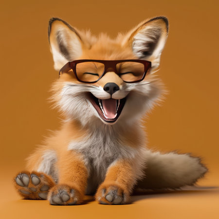Funny fox with eyeglasses, isolated on orange background.の素材