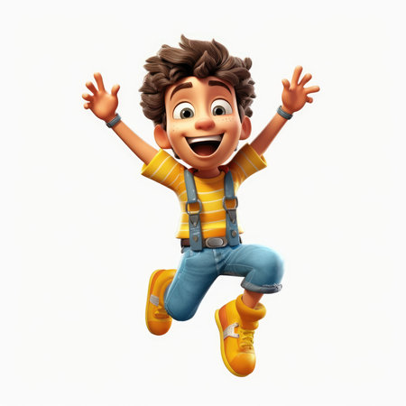 3D Render of Little Boy Jumping with Raised Arms isolated on White Backgroundの素材