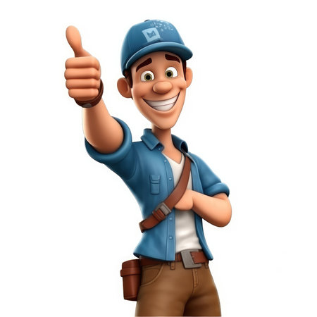 3d illustration of smiling delivery man with thumbs up gesture, isolated white backgroundの素材
