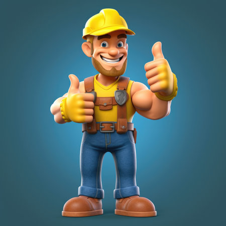 Cartoon handyman with thumbs up gesture on blue background, 3d illustrationの素材