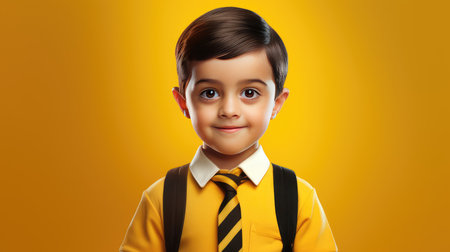 Portrait of a cute little schoolboy on a yellow background.の素材
