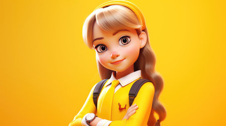 3d illustration of a cute school girl in yellow uniform with backpackの素材