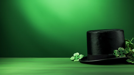 Black top hat with clover leaves on green background. St. Patrick's Day concept.の素材