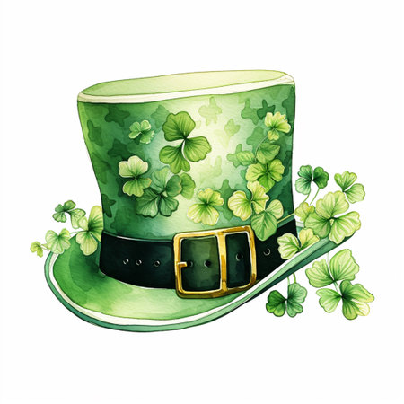 Green leprechaun hat with clover leaves isolated on white backgroundの素材