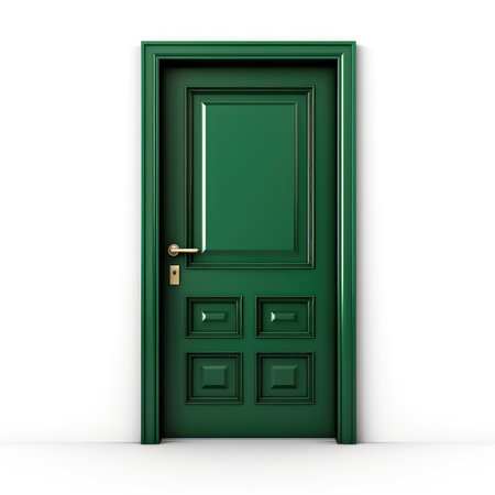 Green door on a white background. 3d rendering. Computer digital drawing.の素材
