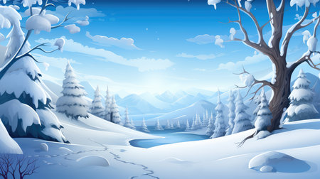 Winter landscape with snowy trees and lake. Vector illustration. EPS 10の素材