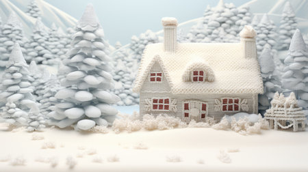 Christmas background with a little house in the snow. 3D illustration.の素材