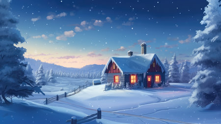 Winter landscape with a wooden house in the mountains. Christmas background.の素材