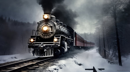Steam locomotive in the foggy winter forest. 3D renderingの素材