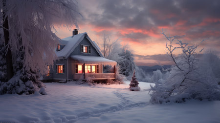Beautiful winter landscape with a cottage in the forest at sunset.の素材