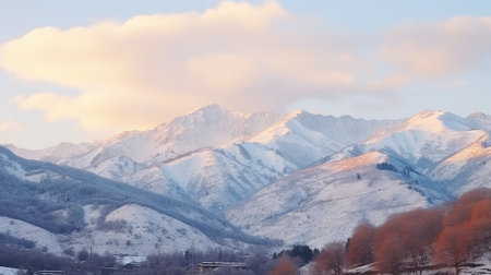 Snowy mountains at sunset. Winter landscape with snow covered mountains.の素材
