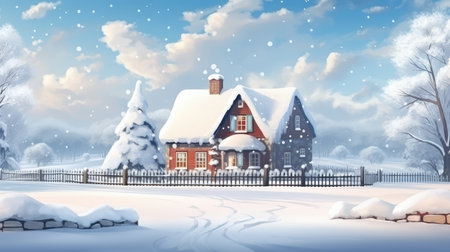 Winter landscape with house and trees covered with snow. 3d illustrationの素材