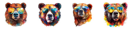 Set of portraits of a bear with sunglasses. Watercolor illustration.の素材