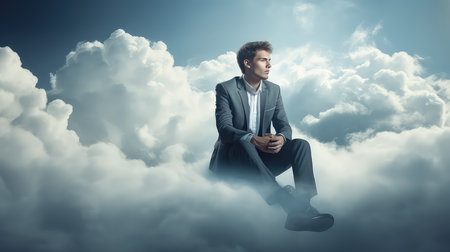 Young businessman sitting on cloud and looking at the sky with hands in pocketsの素材