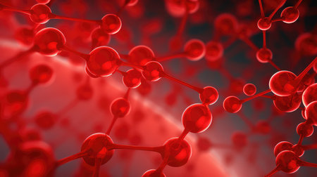 3D rendering of molecule structure in red color. Science background.の素材