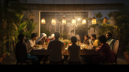 Group of Indian people having dinner together in a restaurant at nightの素材