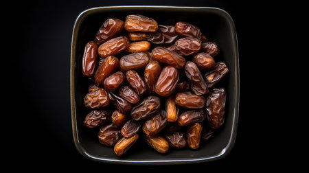 Dates fruit in a bowl on black background. Top view.の素材