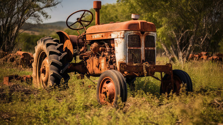 Old rusty tractor in the field. Selective focus. Toned.の素材